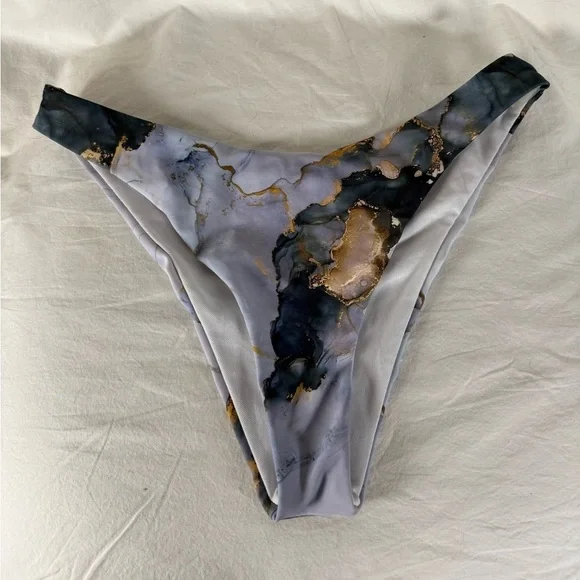Grey and Navy Blue Marble Print High Rise Cheeky Bikini Bottoms Small - Picture 8 of 8